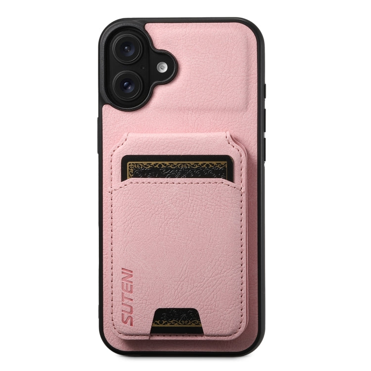 Suteni H02 Litchi Leather Card Wallet Stand Back Phone Case, For iPhone 16e, For iPhone 16 Pro Max, For iPhone 16 Pro, For iPhone 16 Plus