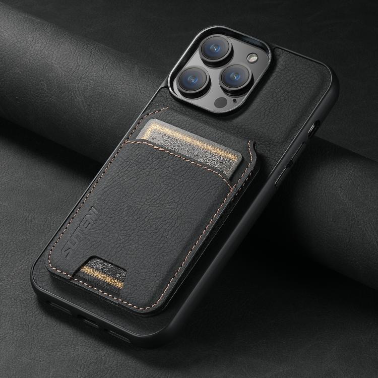 Suteni H02 Litchi Leather Card Wallet Stand Back Phone Case, For iPhone 16e, For iPhone 16 Pro Max, For iPhone 16 Pro, For iPhone 16 Plus
