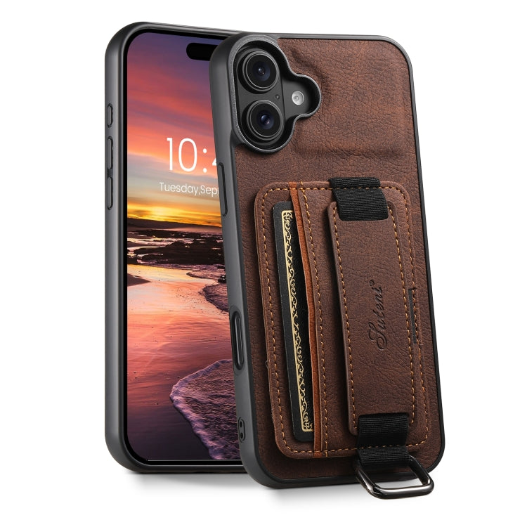Suteni H13 Litchi Leather Wrist Strap Wallet Back Phone Case, For iPhone 16e, For iPhone 16 Pro Max, For iPhone 16 Pro, For iPhone 16 Plus