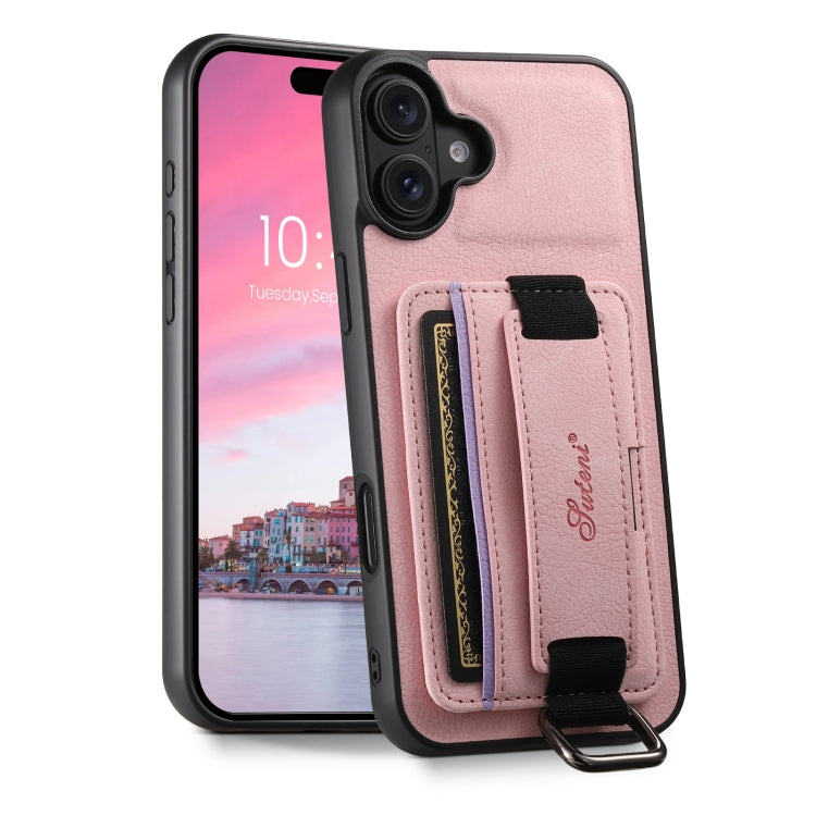 Suteni H13 Litchi Leather Wrist Strap Wallet Back Phone Case, For iPhone 16e, For iPhone 16 Pro Max, For iPhone 16 Pro, For iPhone 16 Plus