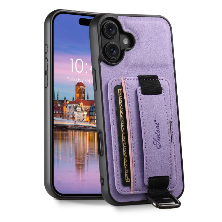 Suteni H13 Litchi Leather Wrist Strap Wallet Back Phone Case, For iPhone 16e, For iPhone 16 Pro Max, For iPhone 16 Pro, For iPhone 16 Plus