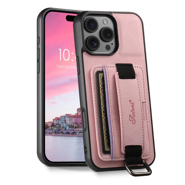 Suteni H13 Litchi Leather Wrist Strap Wallet Back Phone Case, For iPhone 16e, For iPhone 16 Pro Max, For iPhone 16 Pro, For iPhone 16 Plus