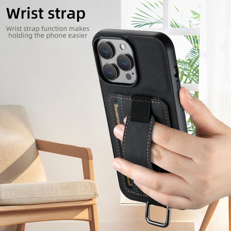 Suteni H13 Litchi Leather Wrist Strap Wallet Back Phone Case, For iPhone 16e, For iPhone 16 Pro Max, For iPhone 16 Pro, For iPhone 16 Plus