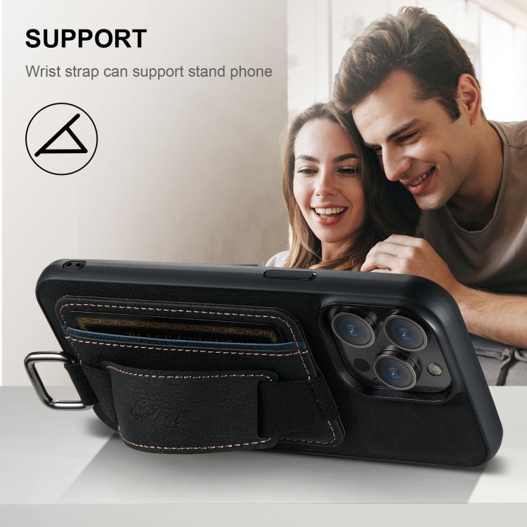 Suteni H13 Litchi Leather Wrist Strap Wallet Back Phone Case, For iPhone 16e, For iPhone 16 Pro Max, For iPhone 16 Pro, For iPhone 16 Plus