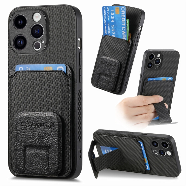 Carbon Fiber Card Bag Fold Stand Phone Case, For iPhone 11, For iPhone 11 Pro, For iPhone XR, For iPhone XS Max