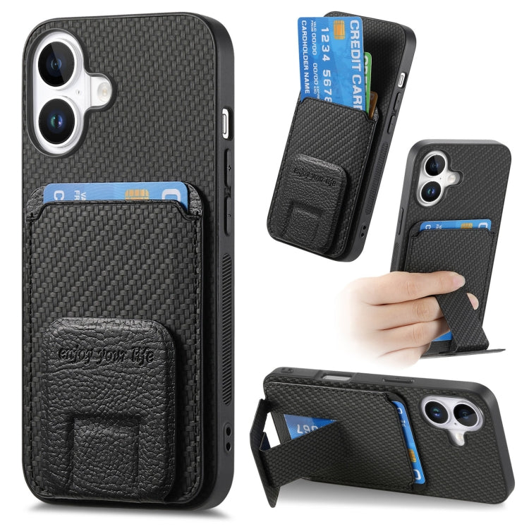 Carbon Fiber Card Bag Fold Stand Phone Case, For iPhone 15, For iPhone 14 Plus, For iPhone 14, For iPhone 14 Pro