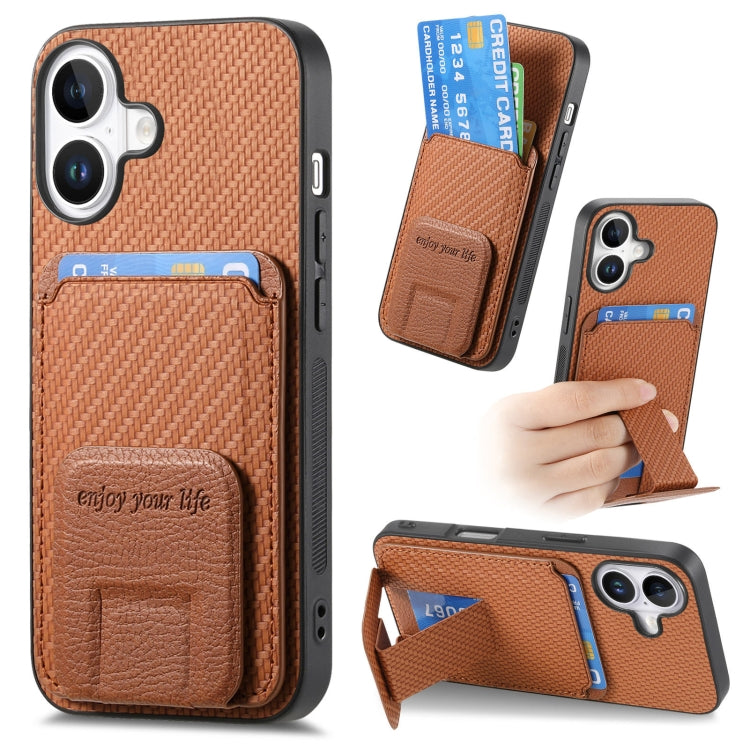 Carbon Fiber Card Bag Fold Stand Phone Case, For iPhone 16, For iPhone 15 Pro Max, For iPhone 15 Pro, For iPhone 15 Plus