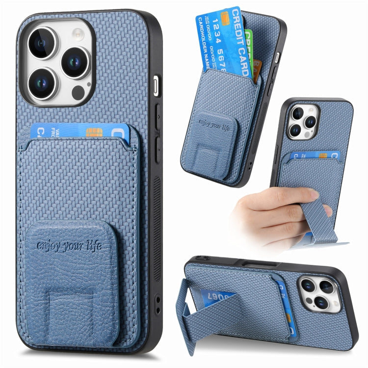 Carbon Fiber Card Bag Fold Stand Phone Case, For iPhone 16, For iPhone 15 Pro Max, For iPhone 15 Pro, For iPhone 15 Plus