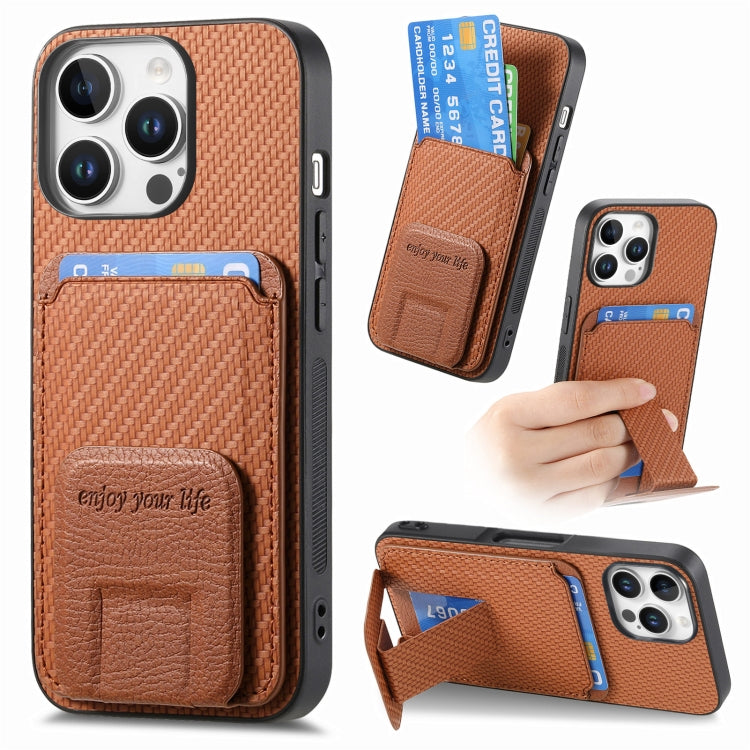Carbon Fiber Card Bag Fold Stand Phone Case, For iPhone 16, For iPhone 15 Pro Max, For iPhone 15 Pro, For iPhone 15 Plus