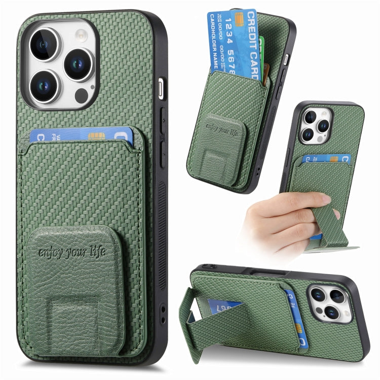 Carbon Fiber Card Bag Fold Stand Phone Case, For iPhone 16, For iPhone 15 Pro Max, For iPhone 15 Pro, For iPhone 15 Plus