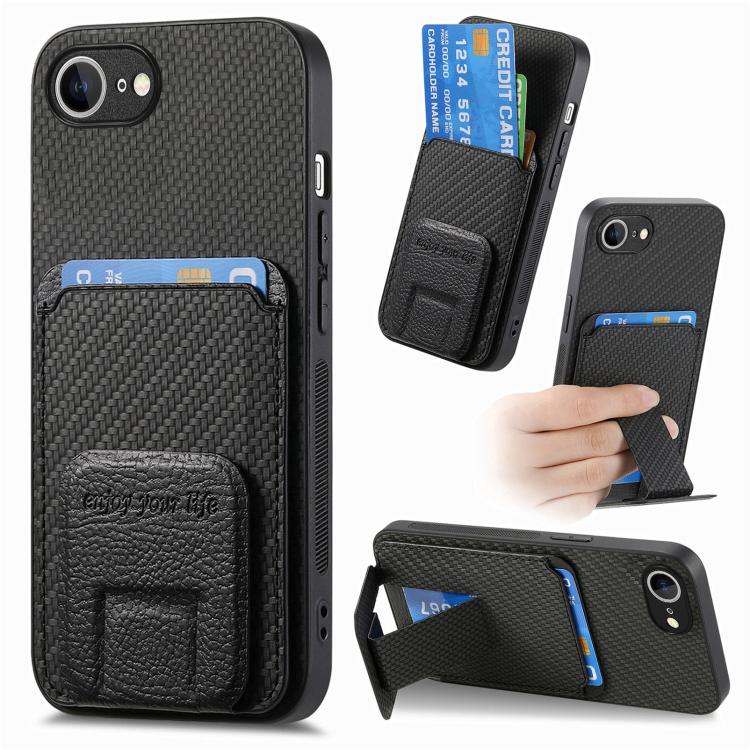 Carbon Fiber Card Bag Fold Stand Phone Case, For iPhone 16e, For iPhone 16 Pro Max, For iPhone 16 Pro, For iPhone 16 Plus