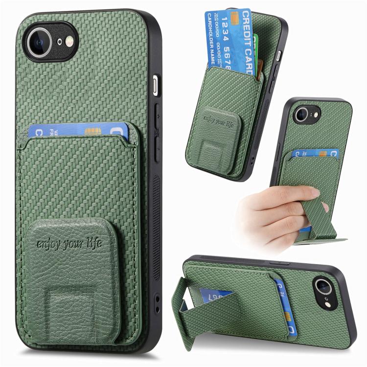 Carbon Fiber Card Bag Fold Stand Phone Case, For iPhone 16e, For iPhone 16 Pro Max, For iPhone 16 Pro, For iPhone 16 Plus