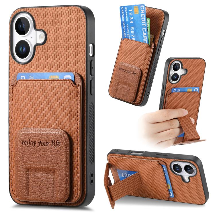 Carbon Fiber Card Bag Fold Stand Phone Case, For iPhone 16e, For iPhone 16 Pro Max, For iPhone 16 Pro, For iPhone 16 Plus