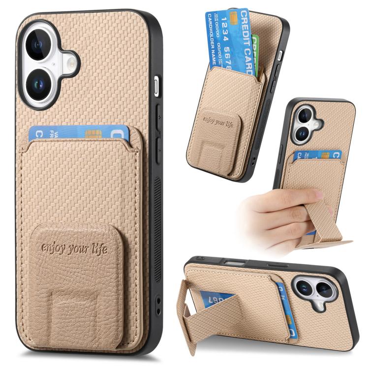 Carbon Fiber Card Bag Fold Stand Phone Case, For iPhone 16e, For iPhone 16 Pro Max, For iPhone 16 Pro, For iPhone 16 Plus
