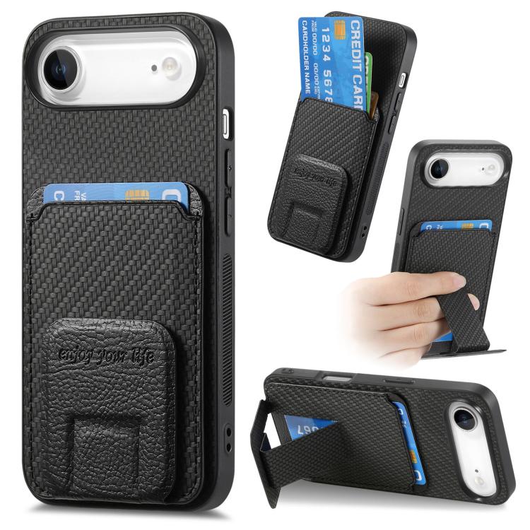 Carbon Fiber Card Bag Fold Stand Phone Case, For iPhone 16, For iPhone 15 Pro Max, For iPhone 15 Pro, For iPhone 15 Plus