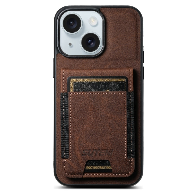 Suteni H03 Litchi Leather Card Bag Stand Back Phone Case, For iPhone 16, For iPhone 15 Pro Max, For iPhone 15 Pro, For iPhone 15 Plus