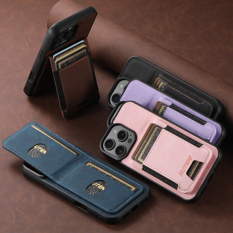 Suteni H03 Litchi Leather Card Bag Stand Back Phone Case, For iPhone 16, For iPhone 15 Pro Max, For iPhone 15 Pro, For iPhone 15 Plus