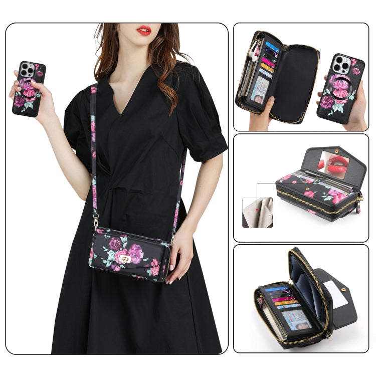 Flower Multi-functional Crossbody Zipper Wallet MagSafe Leather Phone Case, For iPhone 15 Pro Max, For iPhone 15 Pro, For iPhone 15 Plus, For iPhone 15