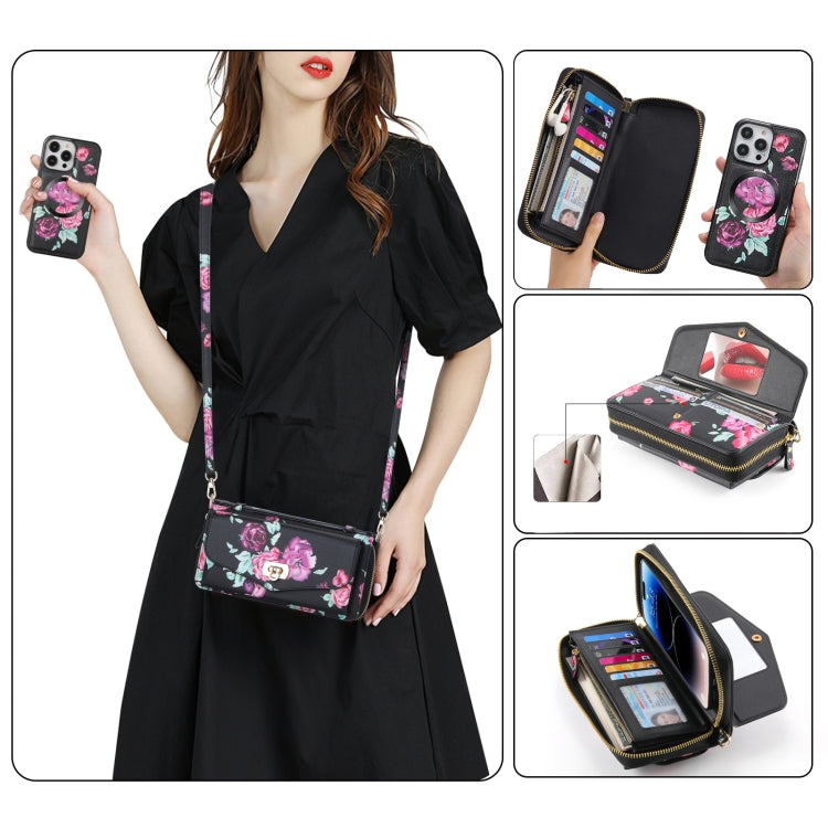 Flower Multi-functional Crossbody Zipper Wallet MagSafe Leather Phone Case, For iPhone 14 Plus, For iPhone 14, For iPhone 14 Pro, For iPhone 14 Pro Max