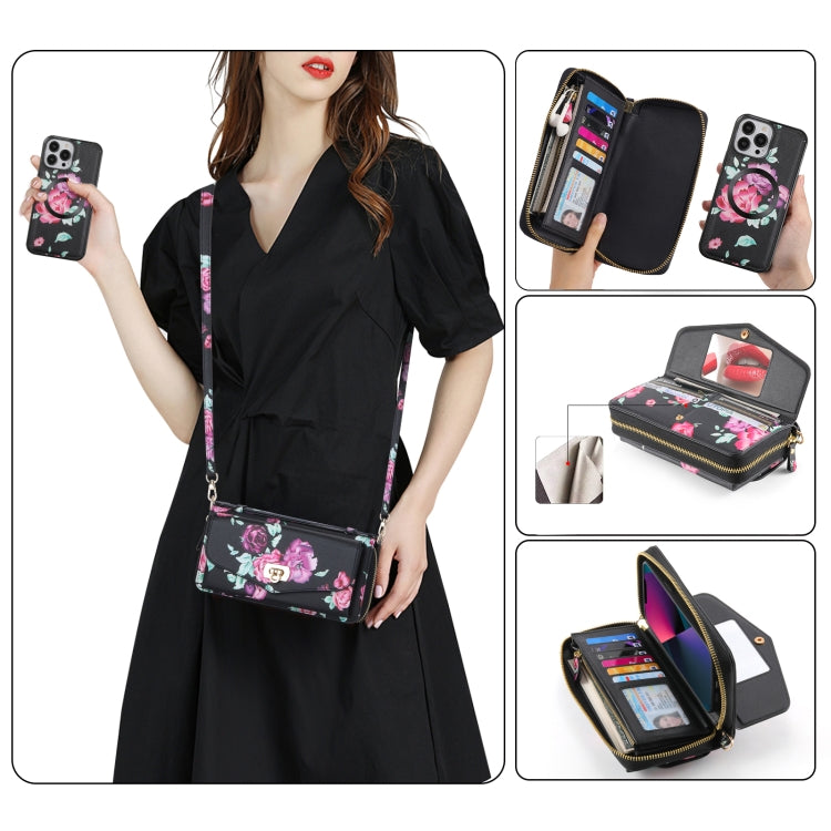Flower Multi-functional Crossbody Zipper Wallet MagSafe Leather Phone Case, For iPhone 13 Pro Max, For iPhone 13 Pro, For iPhone 13, For iPhone 12