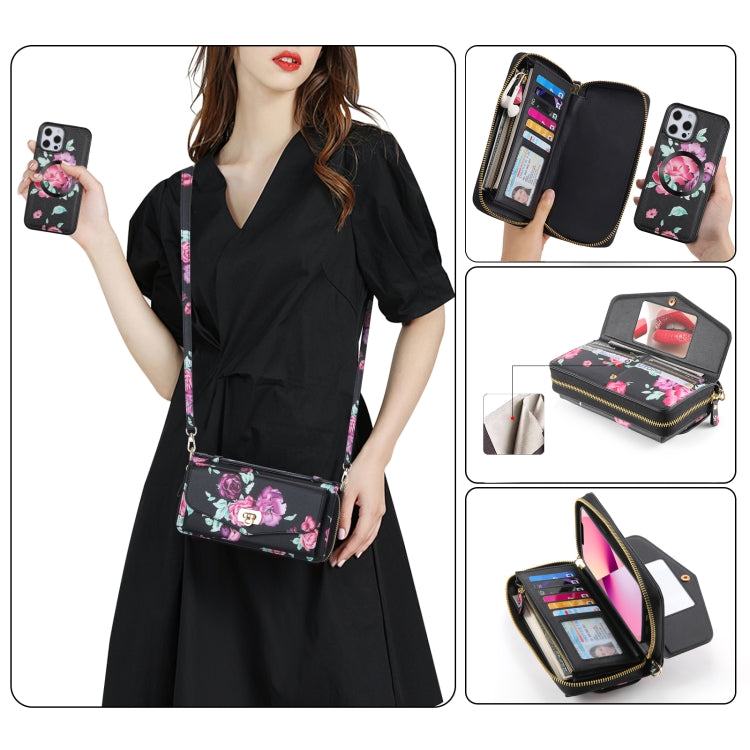 Flower Multi-functional Crossbody Zipper Wallet MagSafe Leather Phone Case, For iPhone 12 Pro Max, For iPhone 12 Pro