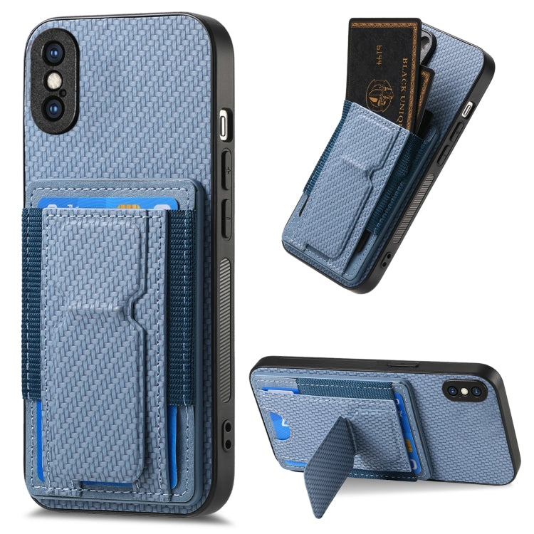 Carbon Fiber Fold Stand Elastic Card Bag Phone Case, For iPhone 11 Pro Max, For iPhone 11, For iPhone 11 Pro, For iPhone X / XS