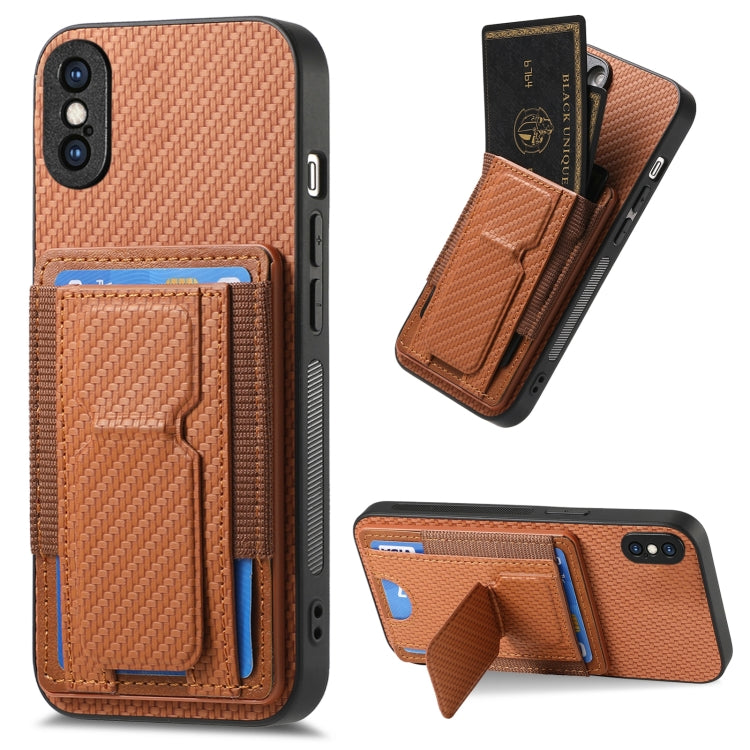 Carbon Fiber Fold Stand Elastic Card Bag Phone Case, For iPhone 11 Pro Max, For iPhone 11, For iPhone 11 Pro, For iPhone X / XS