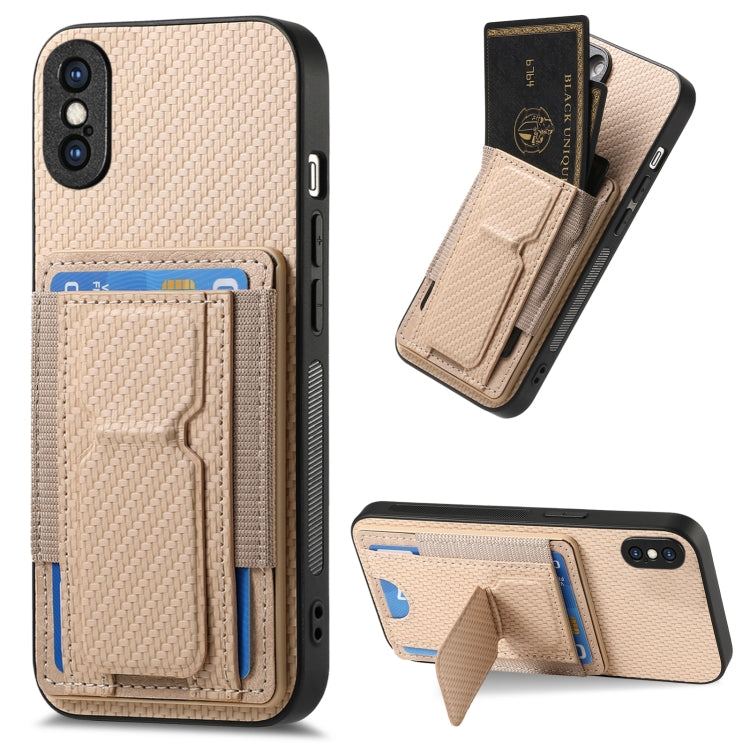 Carbon Fiber Fold Stand Elastic Card Bag Phone Case, For iPhone 11 Pro Max, For iPhone 11, For iPhone 11 Pro, For iPhone X / XS