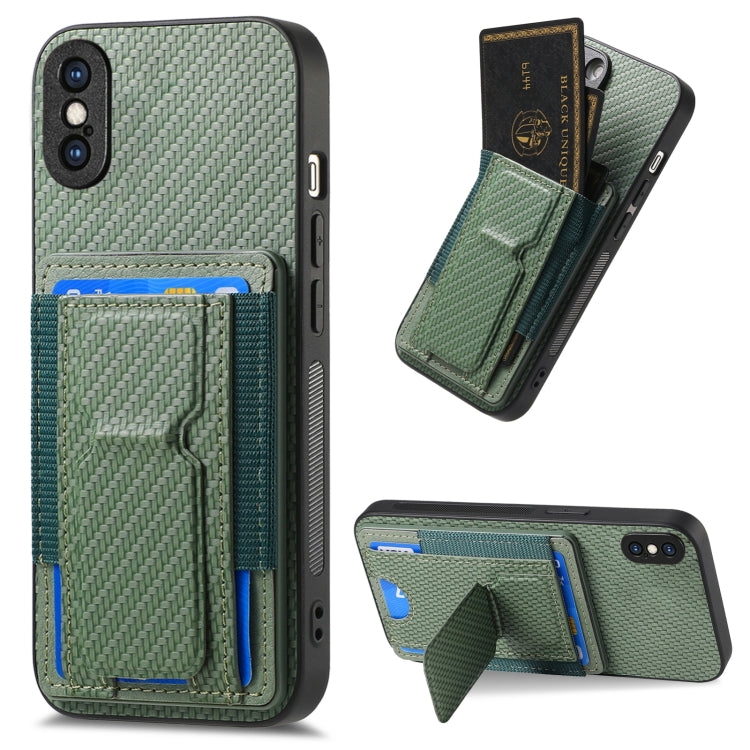Carbon Fiber Fold Stand Elastic Card Bag Phone Case, For iPhone 11 Pro Max, For iPhone 11, For iPhone 11 Pro, For iPhone X / XS