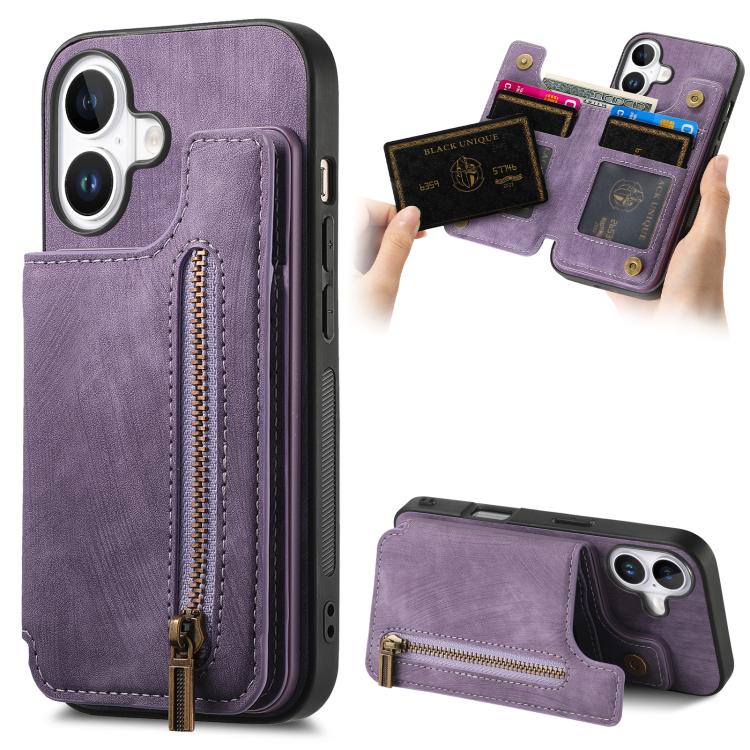 Retro Leather Zipper Wallet Back Phone Case, For iPhone 17e / 16e, For iPhone 17 Pro Max, For iPhone 17 Pro, For iPhone 17