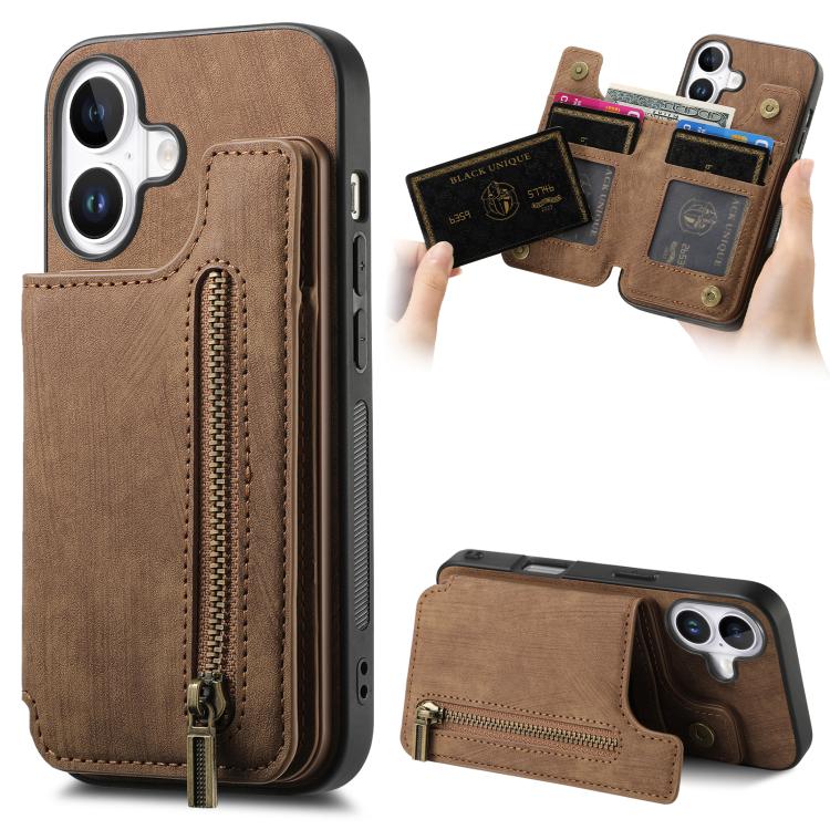 Retro Leather Zipper Wallet Back Phone Case, For iPhone 17e / 16e, For iPhone 17 Pro Max, For iPhone 17 Pro, For iPhone 17