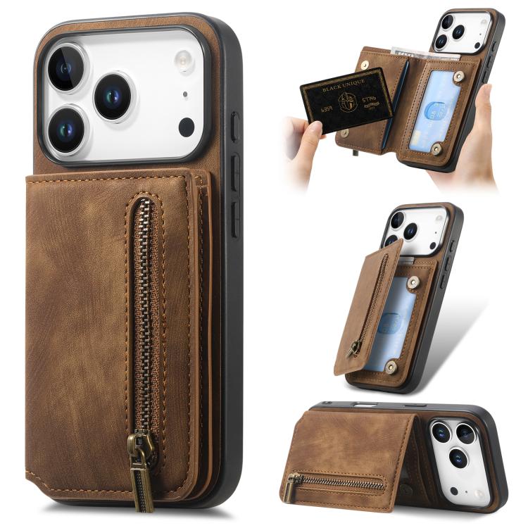 Retro Leather Zipper Wallet Back Phone Case, For iPhone 17e / 16e, For iPhone 17 Pro Max, For iPhone 17 Pro, For iPhone 17