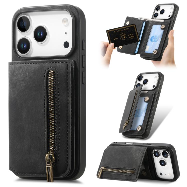 Retro Leather Zipper Wallet Back Phone Case, For iPhone 17e / 16e, For iPhone 17 Pro Max, For iPhone 17 Pro, For iPhone 17