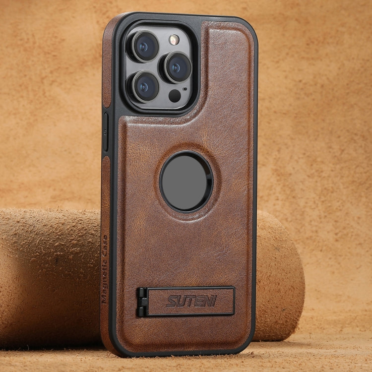 Suteni G2 Magsafe Oil Wax Leather Back Phone Case with Holder, For iPhone 14 Plus, For iPhone 14, For iPhone 14 Pro, For iPhone 14 Pro Max, For iPhone 13 Pro Max, For iPhone 13 Pro, For iPhone 13, For iPhone 12