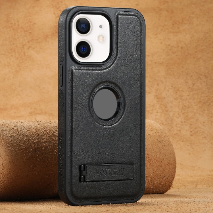 Suteni G2 Magsafe Oil Wax Leather Back Phone Case with Holder, For iPhone 12 Pro Max, For iPhone 12 Pro