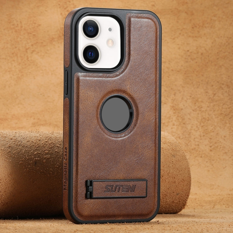 Suteni G2 Magsafe Oil Wax Leather Back Phone Case with Holder, For iPhone 12 Pro Max, For iPhone 12 Pro