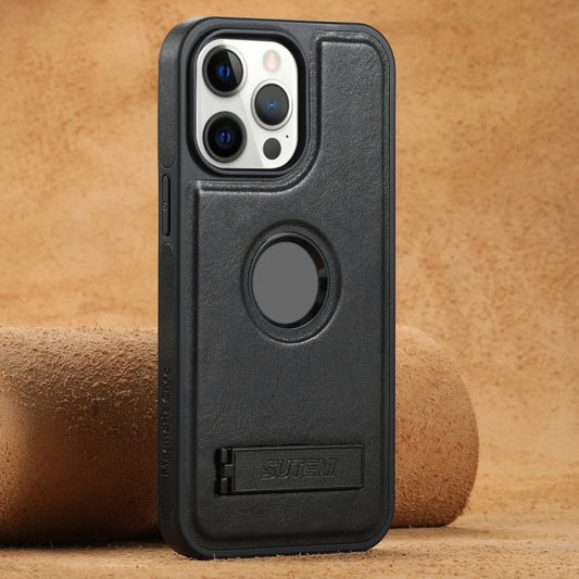 Suteni G2 Magsafe Oil Wax Leather Back Phone Case with Holder, For iPhone 12 Pro