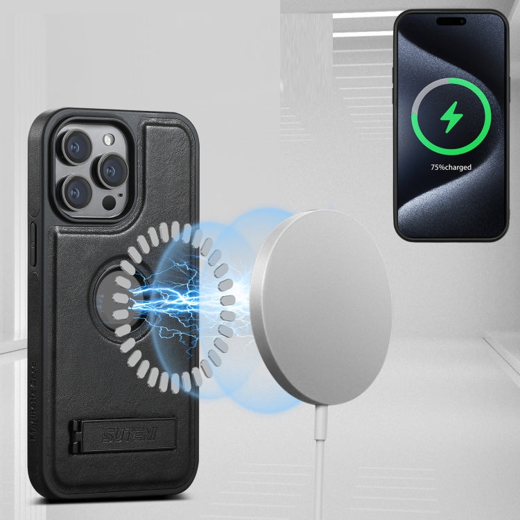 Suteni G2 Magsafe Oil Wax Leather Back Phone Case with Holder, For iPhone 14 Plus, For iPhone 14, For iPhone 14 Pro, For iPhone 14 Pro Max, For iPhone 13 Pro Max, For iPhone 13 Pro, For iPhone 13, For iPhone 12