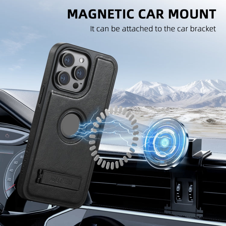 Suteni G2 Magsafe Oil Wax Leather Back Phone Case with Holder, For iPhone 14 Plus, For iPhone 14, For iPhone 14 Pro, For iPhone 14 Pro Max, For iPhone 13 Pro Max, For iPhone 13 Pro, For iPhone 13, For iPhone 12