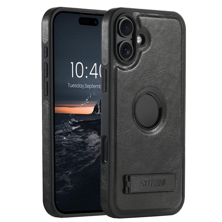 Suteni G2 Magsafe Oil Wax Leather Back Phone Case with Holder, For iPhone 16 Pro Max, For iPhone 16 Pro, For iPhone 16 Plus, For iPhone 16, For iPhone 15 Pro Max, For iPhone 15 Pro, For iPhone 15 Plus, For iPhone 15