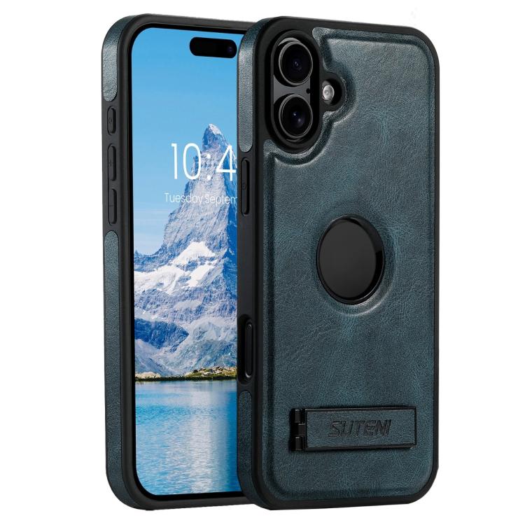Suteni G2 Magsafe Oil Wax Leather Back Phone Case with Holder, For iPhone 16 Pro Max, For iPhone 16 Pro, For iPhone 16 Plus, For iPhone 16, For iPhone 15 Pro Max, For iPhone 15 Pro, For iPhone 15 Plus, For iPhone 15