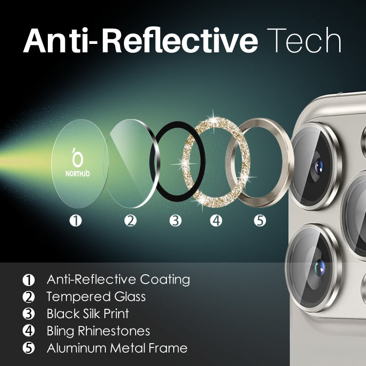 NORTHJO 2 Set 6pcs Camera Lens Protector Glitter Metal Ring Film, For iPhone 15 Pro / 15 Pro Max