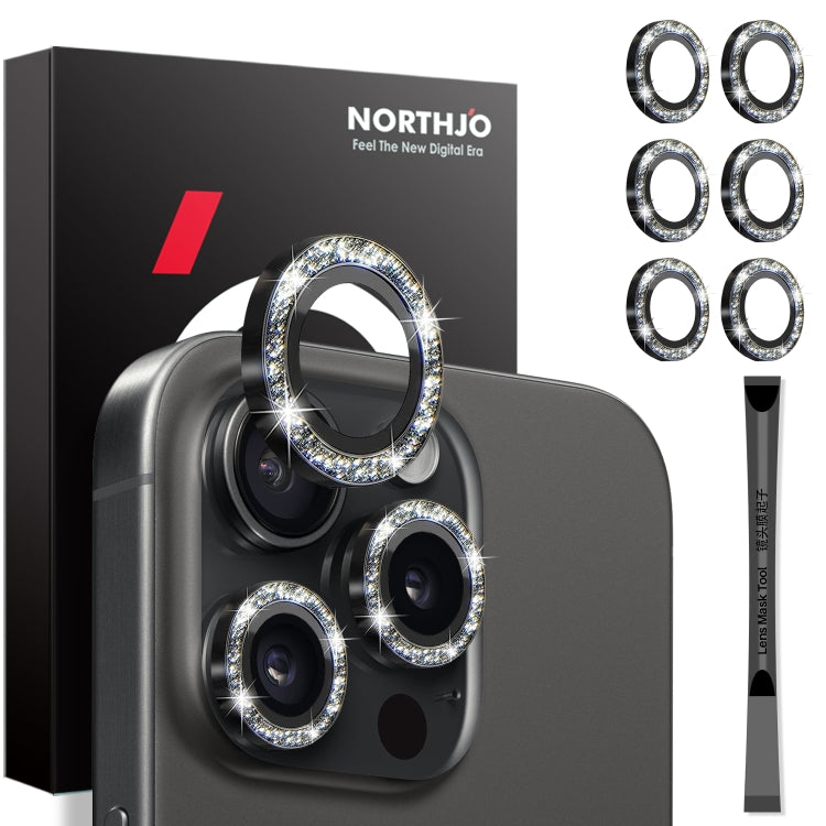 NORTHJO 2 Set 6pcs Camera Lens Protector Glitter Metal Ring Film, For iPhone 15 Pro / 15 Pro Max