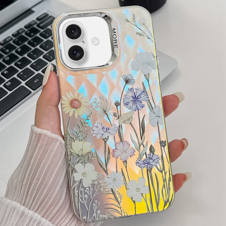 Electroplating Laser Flower Texture TPU Phone Case, For iPhone 16 Plus