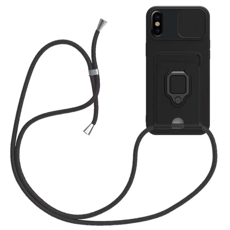 Sliding Camshield Magnetic Card Holder Silicone Phone Case with Lanyard, For iPhone 11, For iPhone 11 Pro, For iPhone XR, For iPhone XS Max