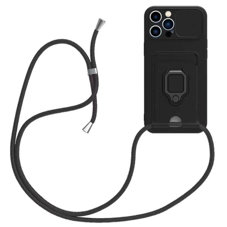 Sliding Camshield Magnetic Card Holder Silicone Phone Case with Lanyard, For iPhone 16e, For iPhone 16 Pro Max, For iPhone 16 Pro, For iPhone 16 Plus