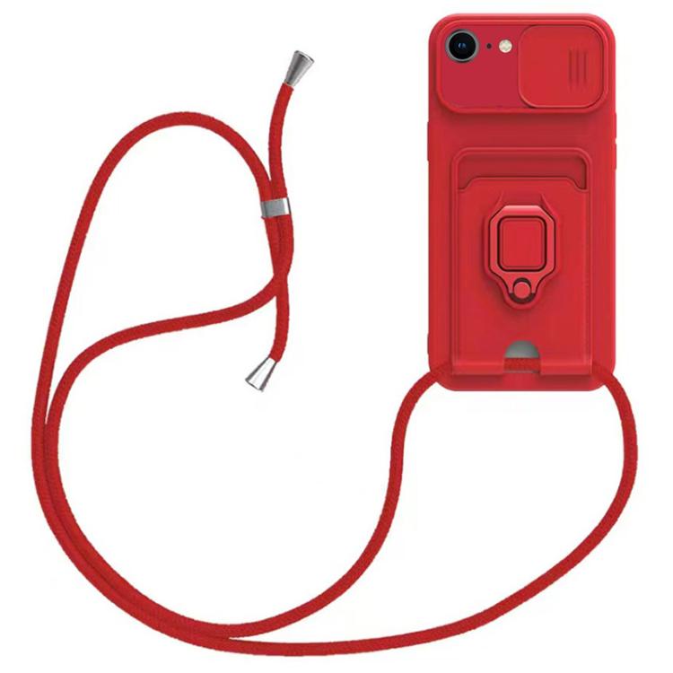 Sliding Camshield Magnetic Card Holder Silicone Phone Case with Lanyard, For iPhone 16e, For iPhone 16 Pro Max, For iPhone 16 Pro, For iPhone 16 Plus