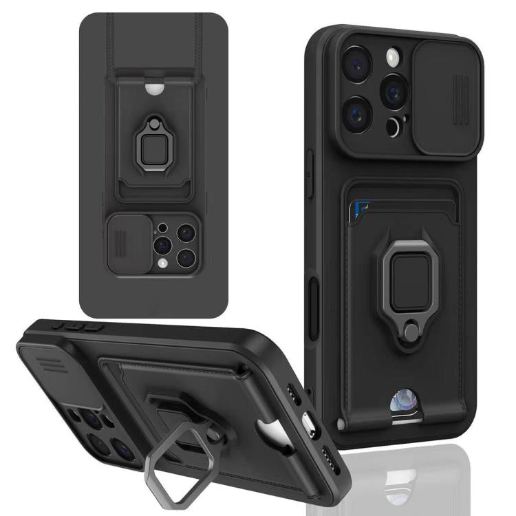 Sliding Camshield Magnetic Card Holder Silicone Phone Case, For iPhone 17e / 16e, For iPhone 16 Pro Max, For iPhone 16 Pro, For iPhone 16 Plus