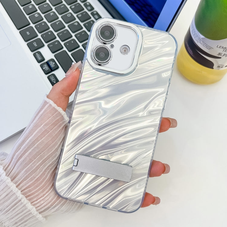 Plating Glitter Texture Fold Holder TPU Phone Case with Lens Film, For iPhone 16 Plus