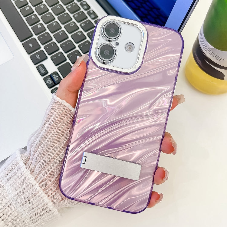 Plating Glitter Texture Fold Holder TPU Phone Case with Lens Film, For iPhone 16 Plus
